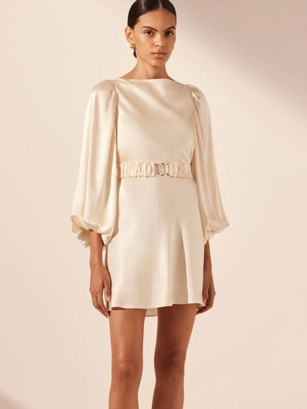 La Lune Balloon Sleeve Mini Dress With Belt - Cream -